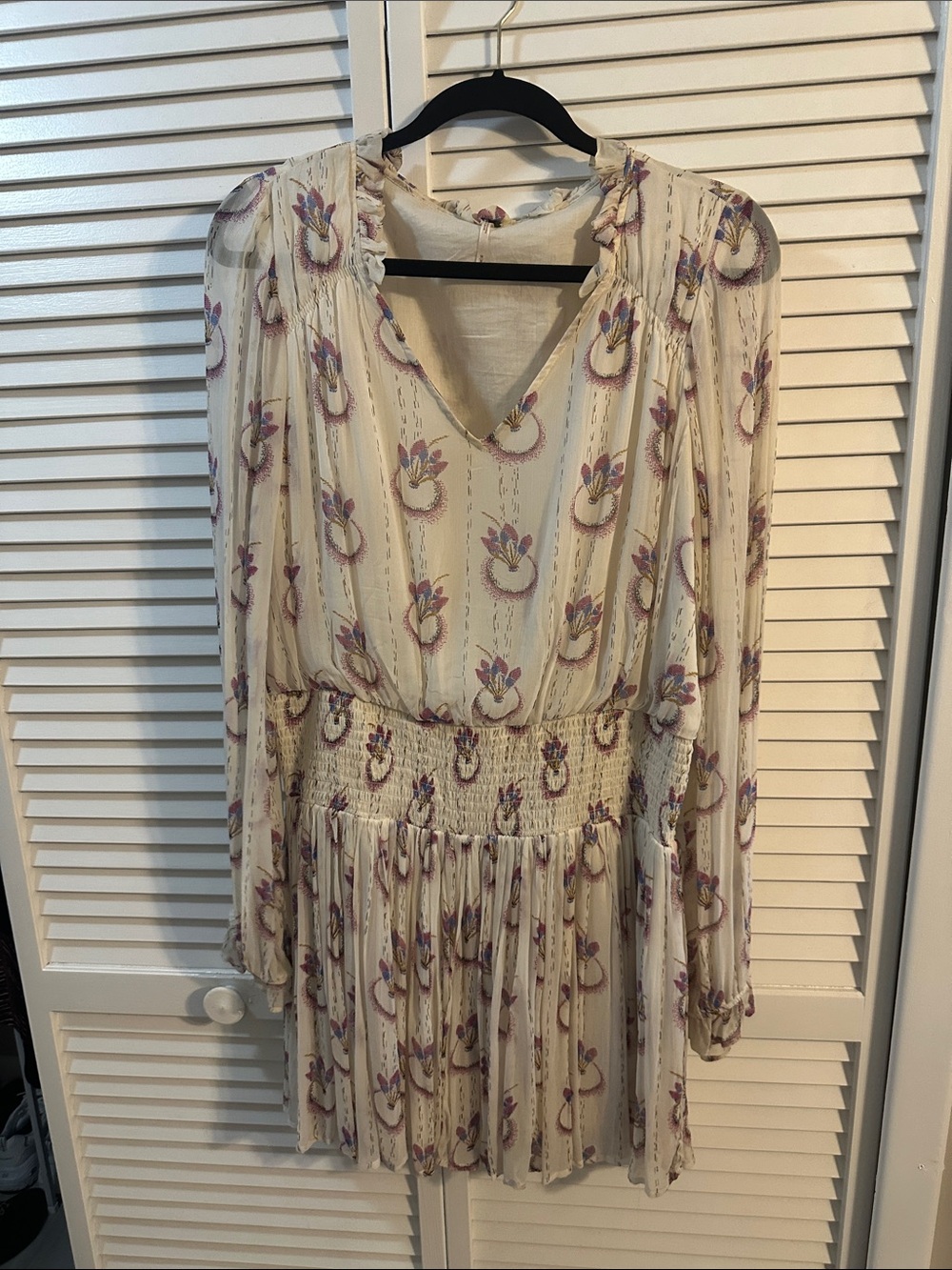 Free People Cream Floral Long-Sleeve V-Neck Smocked Waist Mini Dress